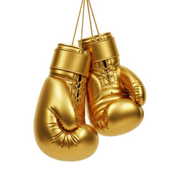 Pair of Golden Boxing Gloves Hanging Against a Black Background A Detailed Close Up View of Shiny Golden Boxing Gloves Suspended on Strings, with a