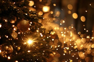 Golden, sparkling Christmas lights create a festive and bright holiday background with a festive bokeh effect