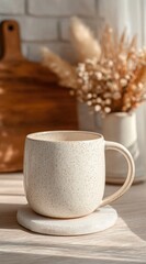 Cream-colored mug on marble coaster, sunlight