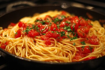 Closeup of a delicious Italian spaghetti bolognese dish with tomato sauce and fresh basil