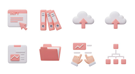 Collection of 3D icons representing various business and data management concepts, including cloud storage, document organization, and analytics