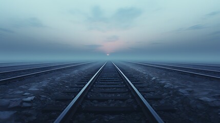 Obraz premium Empty railway tracks disappearing into dense fog, creating a sense of endless journey and solitude, with wide blank horizon above perfect for typography or design concepts.
