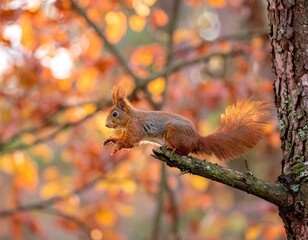 Obraz premium Autumnal squirrel leaping on branch