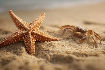 A white starfish rests on the tropical sand of a seashore with a clear blue sky