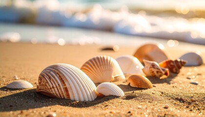 Seashells on sunny beach at sunset