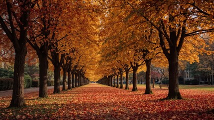 Fototapeta premium Autumn Background, scenic seasonal landscape with vibrant red, orange, and golden leaves, warm natural tones creating cozy and atmospheric fall scenery.