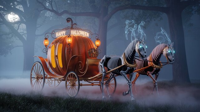 Eerie Halloween pumpkin carriage pulled by spectral skeleton horses through a foggy forest under a full moon, evoking spooky holiday magic and enchantment.