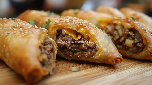 Cheesesteak eggrolls chopped beef onions cheddar cheese