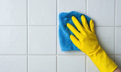 A hand in a yellow rubber glove cleans a tiled surface with a blue cloth
