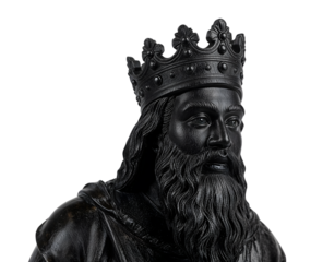 Black king sculpture with crown and beard on the transparent background  regal medieval royalty art statue closeup