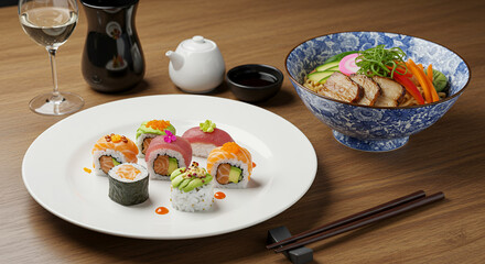Assorted sushi rolls with fish and vegetable toppings served with soy sauce wasabi and ginger on a white plate next to a bowl of ramen noodle soup with sliced pork green onions