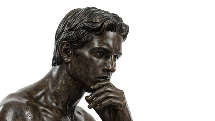 Pensive bronze male bust sculpture detail against the transparent background reflecting classical art and deep thought