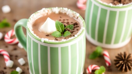 Mint hot chocolate in a green-striped mug with crushed candy cane rim and chocolate shaving
