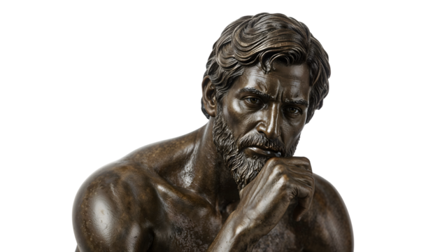 Bronze male sculpture in thoughtful pose with detailed beard and muscular form on the transparent background