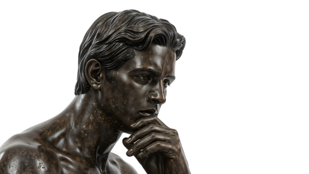 Pensive bronze male bust sculpture detail against the transparent background reflecting classical art and deep thought