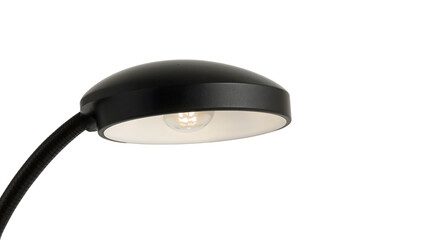 Modern black desk lamp with curved neck and minimalist shade isolated on the transparent background for office or home decor