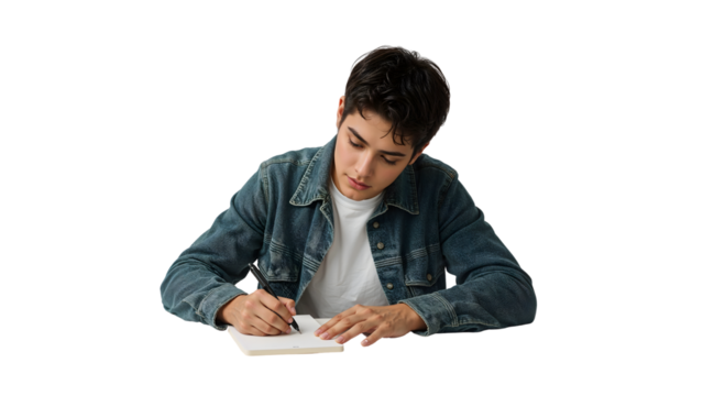 Teenage boy in denim jacket concentrating while writing in notebook on the transparent background