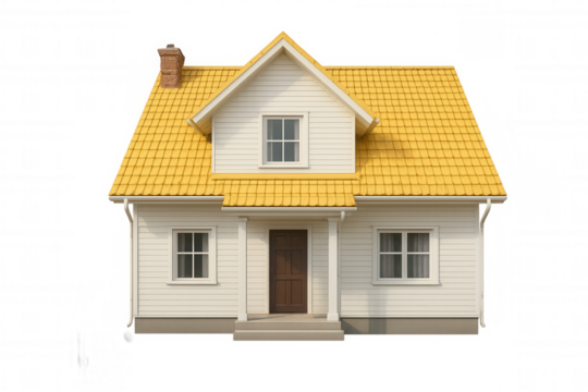 Suburban dwelling with yellow tiled roof, white siding, standing against transparent background, ideal for architectural rendering and design applications