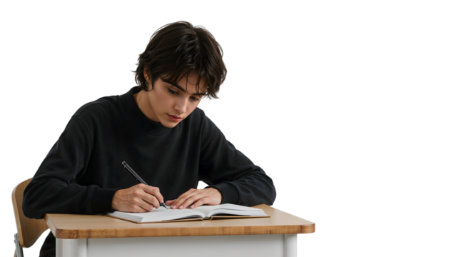 Focused student writing in notebook at wooden desk on the transparent background, concentration and education concept for learning and academic success - Powered by Adobe
