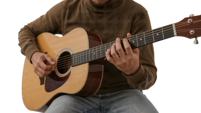 Man playing acoustic guitar close up hands strumming chords wearing brown sweater casual music practice isolated the transparent background