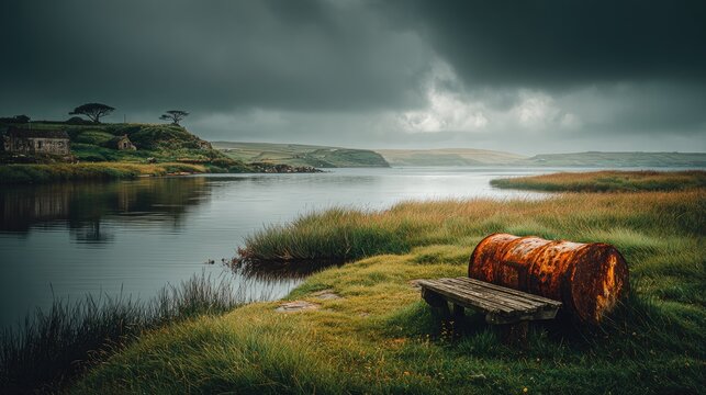 Rustic rusty barrel bench by tranquil lake under stormy sky - Powered by Adobe