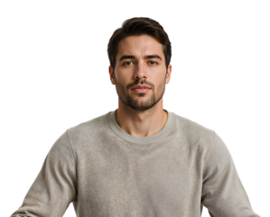 Confident young man with beard in neutral sweater against the transparent background, casual portrait for lifestyle and fashion concepts
