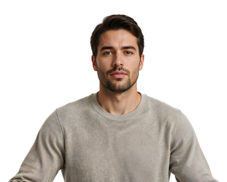 Confident young man with beard in neutral sweater against the transparent background, casual portrait for lifestyle and fashion concepts