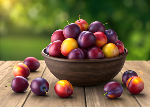 A rustic bowl overflowing with a vibrant assortment of fresh ripe plums and pluots on a wooden table outdoors