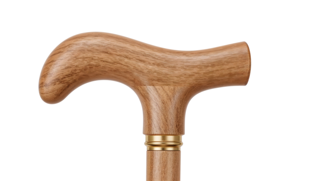 Elegant wooden walking cane handle with polished finish and brass collar on the transparent background  mobility aid for seniors and rehabilitation