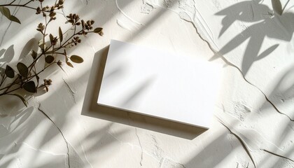 Aesthetic branding mockup featuring a blank white paper card with delicate leaf shadows from sunlight on a textured white surface