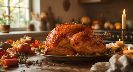 Golden Roasted Whole Turkey on a Rustic Table, Surrounded by Autumn Leaves, Pumpkins, and Warm Candlelight, Perfect for Thanksgiving, Christmas, or...
