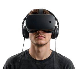 Young man immersed in virtual reality wearing black vr headset and headphones on the transparent background, futuristic gaming experience