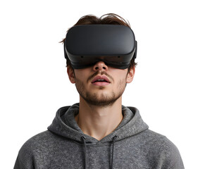 Young man wearing virtual reality headset experiencing immersive technology in casual hoodie on the transparent background