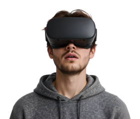 Young man wearing virtual reality headset experiencing immersive technology in casual hoodie on the transparent background