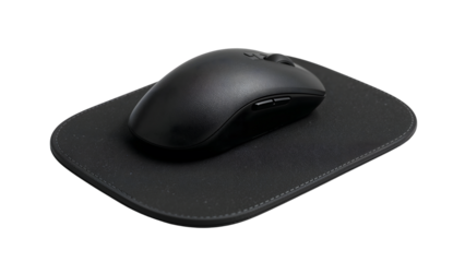 Modern black wireless computer mouse on sleek black mousepad isolated on the transparent background minimalist workspace accessory