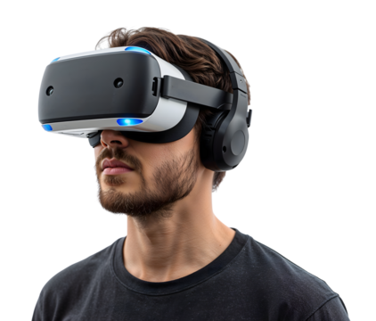 Young man wearing virtual reality headset and headphones experiencing immersive digital entertainment on the transparent background