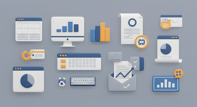 Modern 3D render of user interface elements for business analytics, data visualization, and financial management dashboards