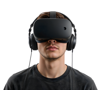 Young man immersed in virtual reality wearing black vr headset and headphones on the transparent background, futuristic gaming experience