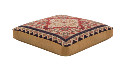 Square bohemian floor cushion with ethnic geometric pattern in red and beige tones for modern home decor