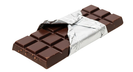 Delicious dark chocolate bar with silver wrapper isolated on transparent background