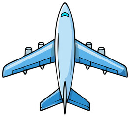 Stylized light blue airplane graphic overhead view illustration commercial passenger aircraft air travel transportation