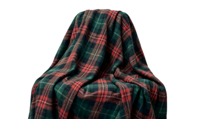 Plaid tartan blanket draped on chair isolated on white, cozy warm winter textile pattern, red and green checkered fabric comfort decor