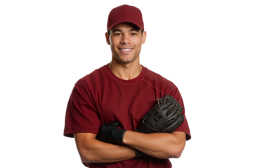 Confident baseball player with arms crossed smiling at the camera