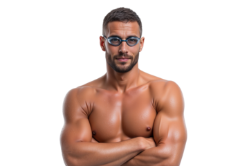 Male swimmer with goggles looking directly at the camera with water droplets on his body