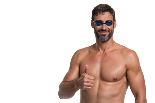 Happy shirtless male swimmer with goggles giving a thumbs-up gesture