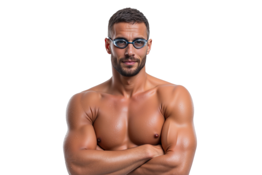 Male swimmer with goggles looking directly at the camera with water droplets on his body