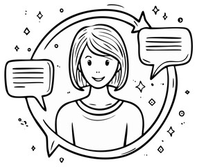 Smiling woman in circle with speech bubbles and communication arrows illustration