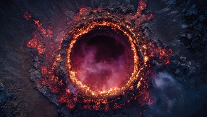 Fiery circular crater in volcanic landscape