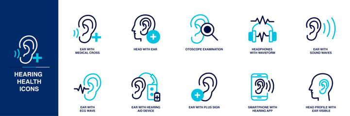 Hearing Health Blue Colored Outline Icon Set