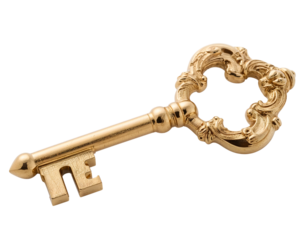 Elegant ornate golden vintage skeleton key isolated on the transparent background, antique decorative brass access symbol, retro lock concept